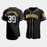 Men's Milwaukee Brewers 2021 NL Cy Young Award Winner Golden Authentic Corbin Burnes Navy Jersey