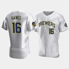 Men's Milwaukee Brewers #16 Ben Gamel White Authentic 50th Anniversary 2020 Home Jersey