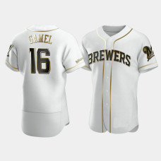 Men's Milwaukee Brewers #16 Ben Gamel White Golden Edition Authentic Jersey