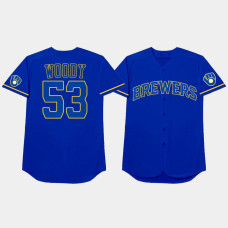 Men's Milwaukee Brewers #53 Brandon Woodruff 2021 Players Weekend Nickname Blue Jersey