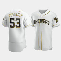 Men's Milwaukee Brewers #53 Brandon Woodruff White Golden Edition Authentic Jersey