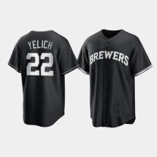 Milwaukee Brewers Christian Yelich Black White 2021 All Black Fashion Replica Jersey Milwaukee Brewers Christian Yelich Black White 2021 All Black Fashion Replica Jersey