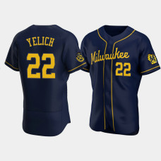 Men's Milwaukee Brewers #22 Christian Yelich Navy Authentic 50th Anniversary 2020 Alternate Jersey Men's Milwaukee Brewers #22 Christian Yelich Navy Authentic 50th Anniversary 2020 Alternate Jersey