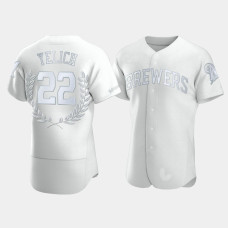 Men's Milwaukee Brewers Christian Yelich #22 White Award Collection NL MVP Jersey Men's Milwaukee Brewers Christian Yelich #22 White Award Collection NL MVP Jersey