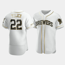 Men's Milwaukee Brewers #22 Christian Yelich White Golden Edition Authentic Jersey Men's Milwaukee Brewers #22 Christian Yelich White Golden Edition Authentic Jersey