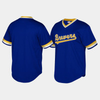 Milwaukee Brewers Cooperstown Collection Mesh Wordmark V-Neck Royal Mitchell & Ness Jersey Men's