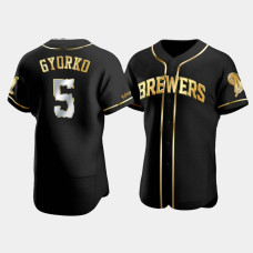 Men's Milwaukee Brewers Jedd Gyorko #5 Black Gold Edition Authentic Jersey