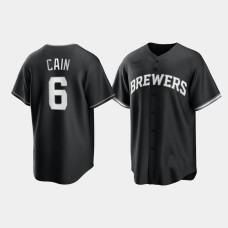Milwaukee Brewers Lorenzo Cain Black White 2021 All Black Fashion Replica Jersey