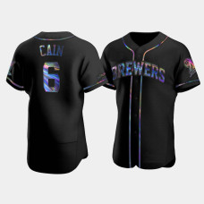 Men's Milwaukee Brewers Lorenzo Cain Black Authentic Golden Edition Holographic Jersey Men's Milwaukee Brewers Lorenzo Cain Black Authentic Golden Edition Holographic Jersey