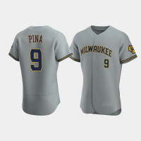 Men's Milwaukee Brewers #9 Manny Pina Gray Authentic Team Road Jersey Men's Milwaukee Brewers #9 Manny Pina Gray Authentic Team Road Jersey