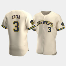 Men's Milwaukee Brewers #3 Orlando Arcia Cream Authentic 50th Anniversary 2020 Alternate Jersey Men's Milwaukee Brewers #3 Orlando Arcia Cream Authentic 50th Anniversary 2020 Alternate Jersey
