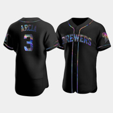 Men's Milwaukee Brewers Orlando Arcia Black Authentic Golden Edition Holographic Jersey Men's Milwaukee Brewers Orlando Arcia Black Authentic Golden Edition Holographic Jersey