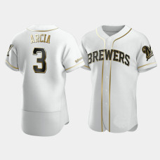 Men's Milwaukee Brewers #3 Orlando Arcia White Golden Edition Authentic Jersey