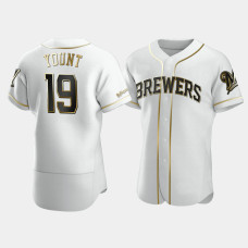 Men's Milwaukee Brewers #19 Robin Yount White Golden Edition Authentic Jersey