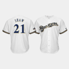 Milwaukee Brewers Men's #21 Travis Shaw 2019 Postseason White Official Cool Base Jersey Milwaukee Brewers Men's #21 Travis Shaw 2019 Postseason White Official Cool Base Jersey