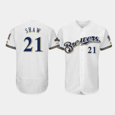 Men's Milwaukee Brewers #21 Travis Shaw White 2019 Postseason Authentic Flex Base Jersey Men's Milwaukee Brewers #21 Travis Shaw White 2019 Postseason Authentic Flex Base Jersey