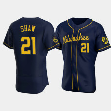 Men's Milwaukee Brewers #21 Travis Shaw Navy Authentic 50th Anniversary 2020 Alternate Jersey Men's Milwaukee Brewers #21 Travis Shaw Navy Authentic 50th Anniversary 2020 Alternate Jersey