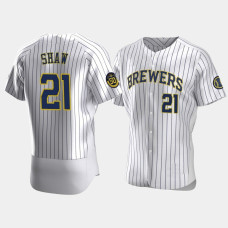 Men's Milwaukee Brewers #21 Travis Shaw White Authentic 50th Anniversary 2020 Home Jersey Men's Milwaukee Brewers #21 Travis Shaw White Authentic 50th Anniversary 2020 Home Jersey