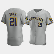 Men's Milwaukee Brewers #21 Travis Shaw Gray Authentic 50th Anniversary 2020 Road Jersey Men's Milwaukee Brewers #21 Travis Shaw Gray Authentic 50th Anniversary 2020 Road Jersey