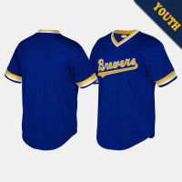 Milwaukee Brewers Cooperstown Collection Mesh Wordmark V-Neck Royal Mitchell & Ness Jersey Youth