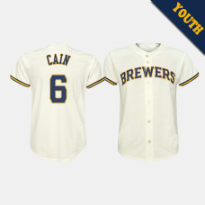 Youth Milwaukee Brewers Lorenzo Cain #6 Cream Replica Home Jersey